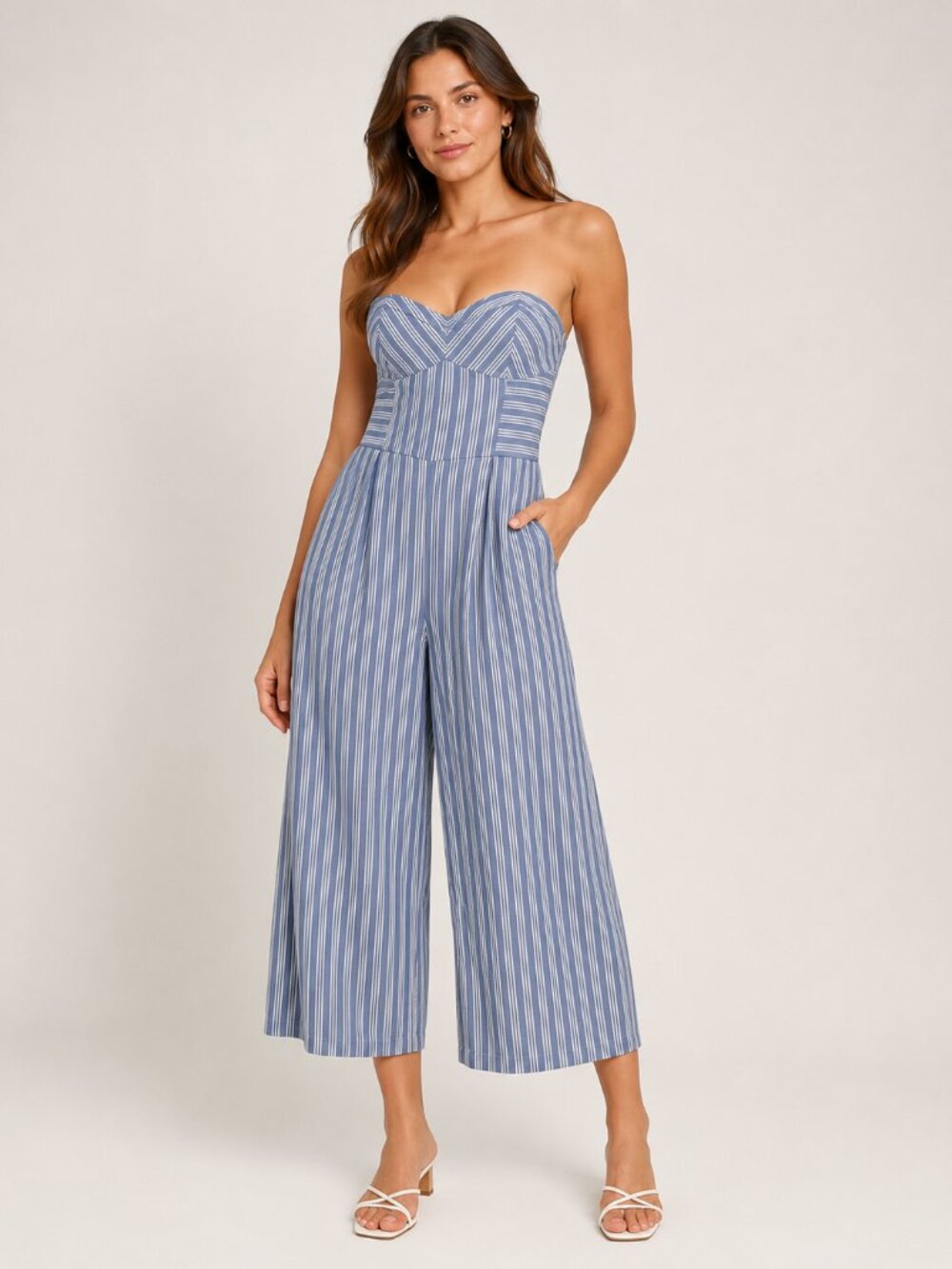 American Eagle Size 4 Blue White Striped Strapless Wide-Leg Jumpsuit - Picture 1 of 11